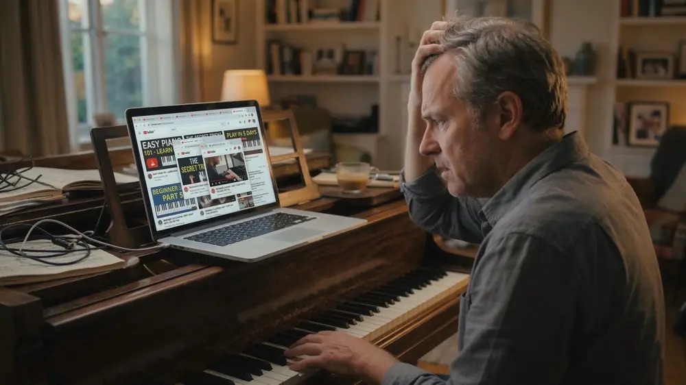 Frustrierter Klavierschüler vor einem Laptop mit zu vielen YouTube-Tutorials